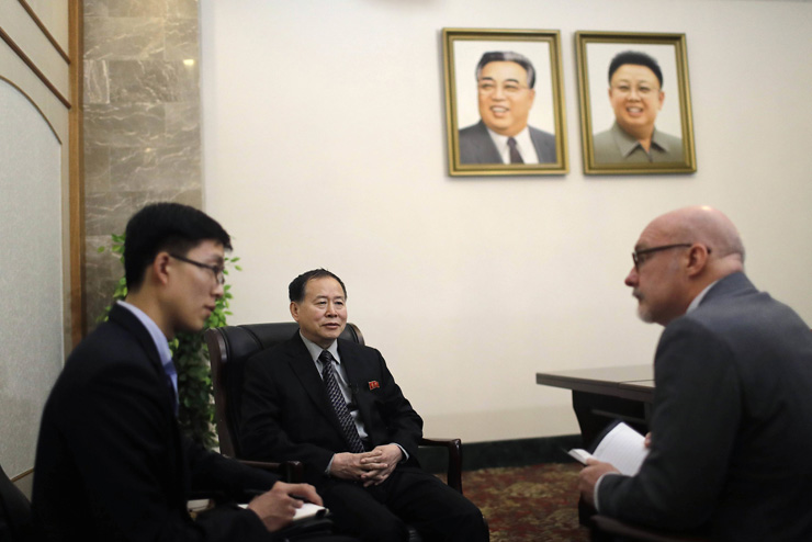 2017.04.15 Han Song Ryol, center, North Korea's vice minister of foreign affairs, speaks during an interview with The Associated Press on Friday in Pyongyang, North Korea. Y2017041404000
