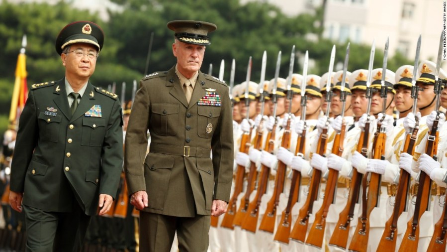 2017.08.28 Gen. Joseph Dunford, chairman of the Joint Chiefs of Staff, and Chinese Gen. Fang Fenghui on Tuesday.170816103749-dunford-beijing-china-us-military-super-169