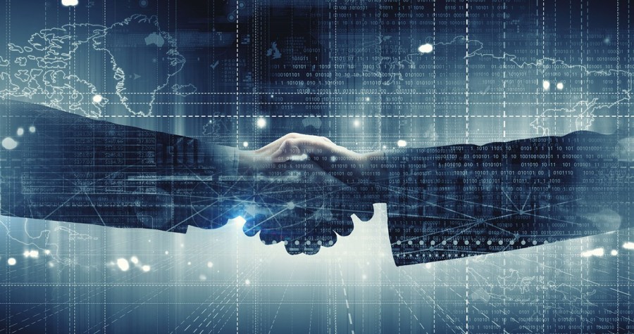 46263612 - close up of business handshake on digital background