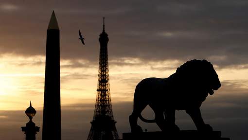 A view shows the Luxor Obelisk and the Eiffel Tower from the Place de la Concorde in Paris