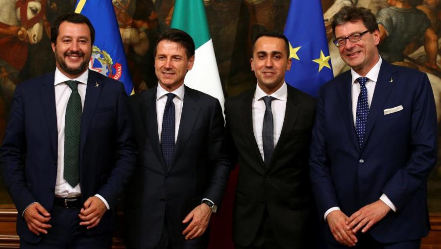 ITALIE De gauche à droite- Matteo Salvini, Giuseppe Conte, Luigi Di Maio et Giancarlo Giorgetti, les cadres du nouveau gouvernement italien.2018-06-01t164403z_1141688062_rc18dfae3700_rt