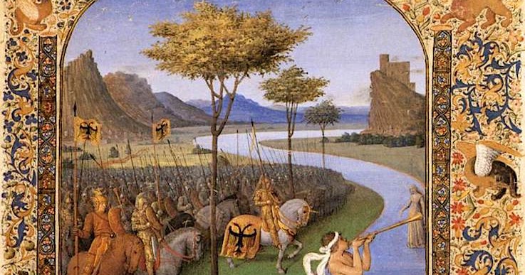 RUBICON Jean_Fouquet (1420-1480) _-_Caesar_franchissant le Rubicon Musée du Louvre PAris enluminure sur velin