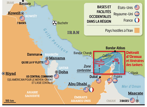 golfe Persique, épicentre d’un triple conflitStrait_of_hormuz-Bases-Militaires-source-LeFigaro.fr