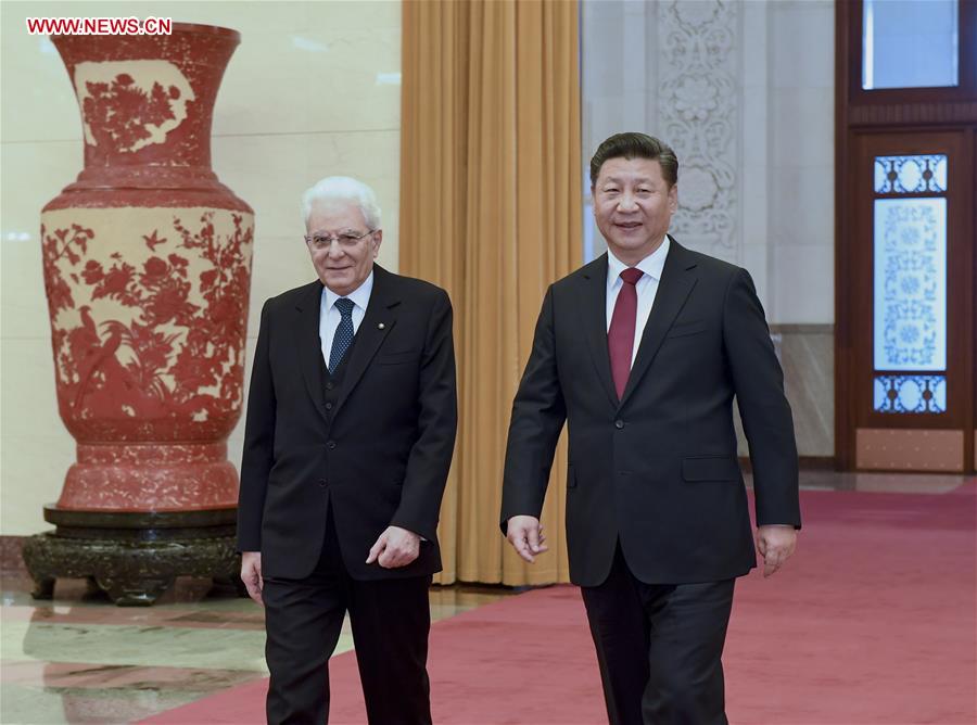 CHINE ITALIE Chinese President Xi Jinping (R) holds a welcome ceremony for his Italian counterpart Sergio Mattarella before their talks in Beijing, capital of China, Feb. 22, 2017.(Xinhua-Li Xueren) 136077437_14878063328511n
