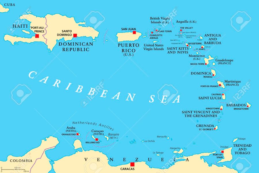 CURACAO 67969451-petites-antil'infrastructure de l'île de Curaçao lles-carte-politique-les-caribes-avec-haïti-la-république-dominicaine-et-puerto-rico-dans-la