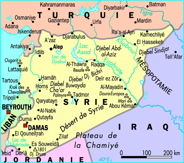 Syrie-carte-de-la-Syrie-frontiere-avec-Turquie-Syrie-Alep-Damas-Homs-Lattaquié-Hama-Ar-Raqqa-Syrie-Moyen-Orient