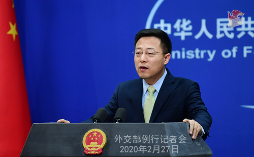 Conférence de presse du 27 février 2020 tenue par le Porte-parole du Ministère des Affaires étrangères Zhao Lijian N 12 --- W020200302567064503823