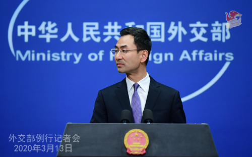 Conférence de presse N° 13 du 13 mars 2020 tenue par le porte-parole du Ministère des Affaires étrangères Geng Shuang......... W020200318357377762362