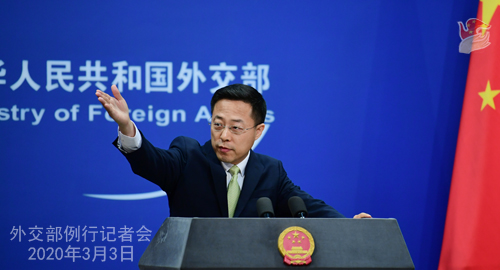 Conférence N° 4 de presse du 3 mars 2020 tenue par le Porte-parole du Ministère des Affaires étrangères Zhao Lijian W020200306370527485117