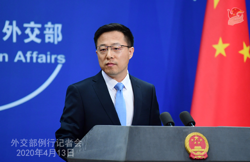 CHINE Conférence de presse PH 4 du 13 avril 2020 tenue par le porte-parole du Ministère des Affaires étrangères Zhao Lijian W020200416375929774402