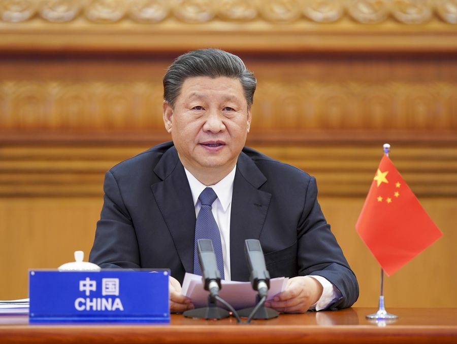 Le président chinois, Xi Jinping, participe au Sommet extraordinaire virtuel des dirigeants du G20 sur le COVID-19 par liaison vidéo, à Beijing,, le 26 mars 2020. (Xinhua Li Xueren)138931445_15855661065841n