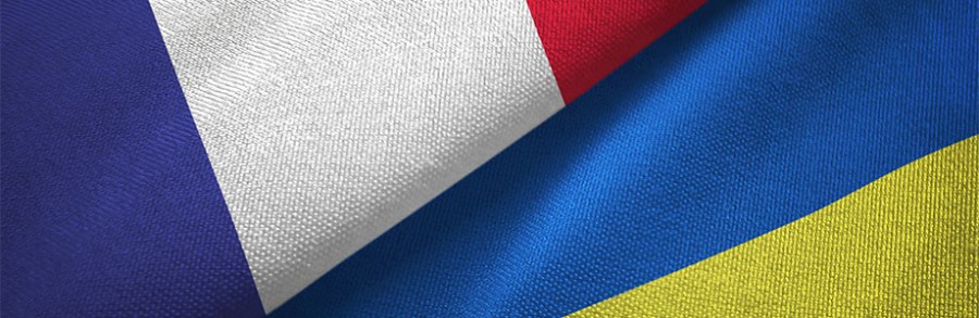 France and Ukraine two flags textile cloth, fabric texture