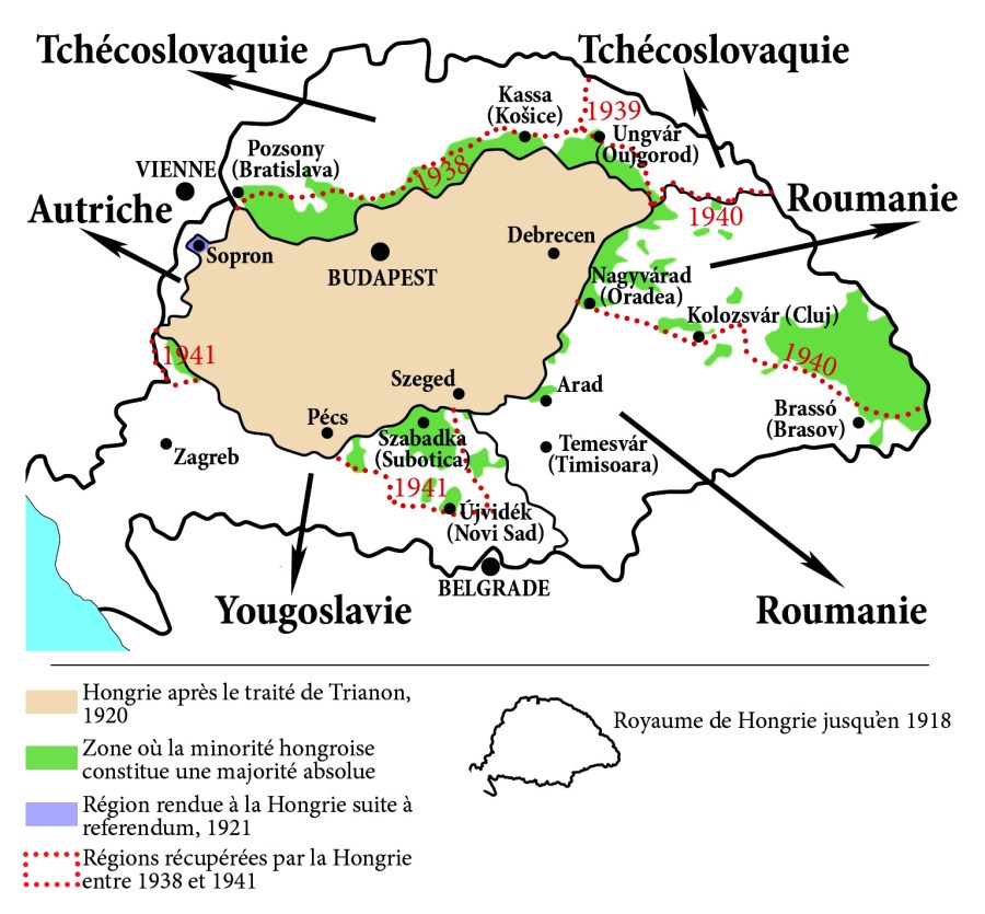 HONGRIE Carte résumant le découpage de la Hongrie lors du traité de Trianon. Par Nicolas de Lamberterie. Carte-NRH-2