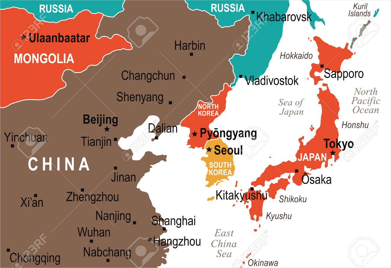 North Korea South Korea Japan China Russia Mongolia Map - Vector Illustration