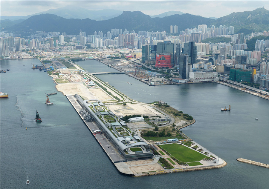 An aerial view of the Kai Tak Cruise Terminal at t