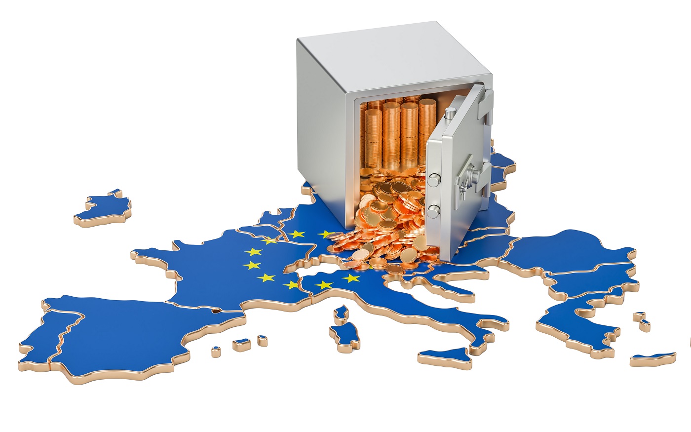 Safe box with golden coins on the map of European Union, 3D rendering
