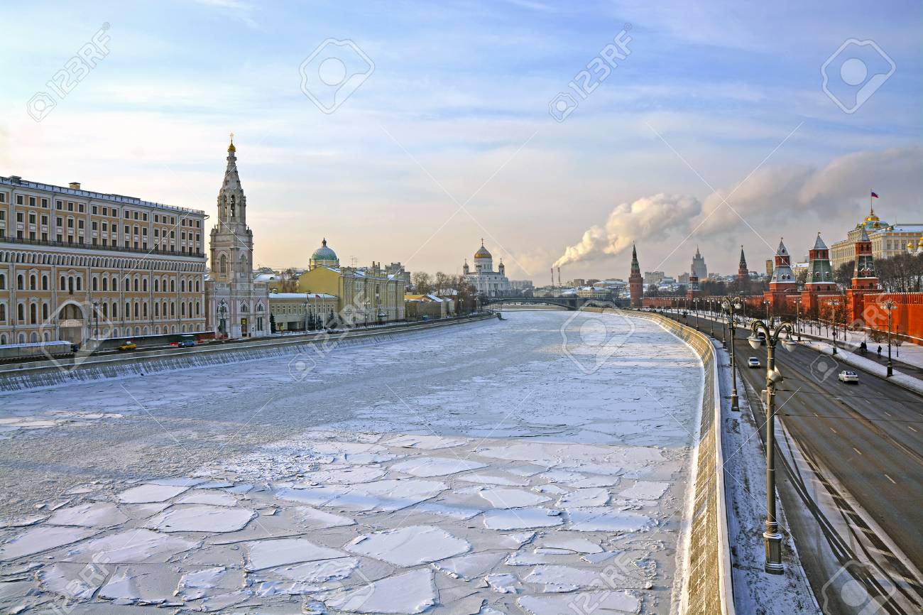 View on Moscow river and Moscow Kremlin in winter. Moscow, Russi