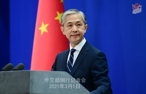 CHINE PH 5 DU 1er mars 2021 tenue par le porte-parole du Ministère des Affaires étrangères Wang Wenbin