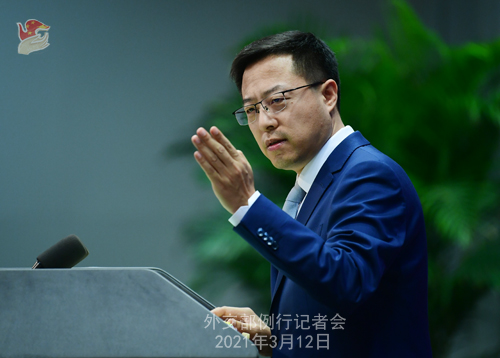 Conférence de presse du 12 mars 2021 PH 5 tenue par le porte-parole du Ministère des Affaires étrangères Zhao Lijian